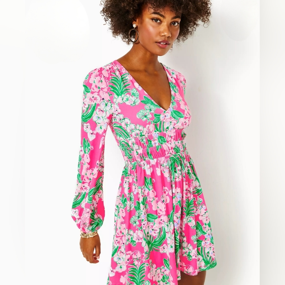 Lilly Pulitzer NWT Calla Long Sleeve V-Neck Dress Roxie Pink Worth A Look - Picture 2 of 8